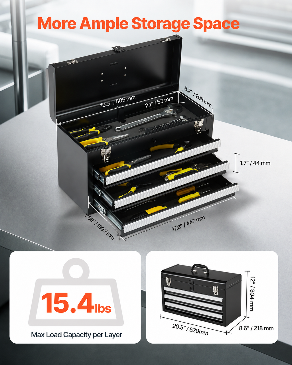 Tool Box 520 mm Portable Metal Tool Box with 3 Drawers Tool Organizer