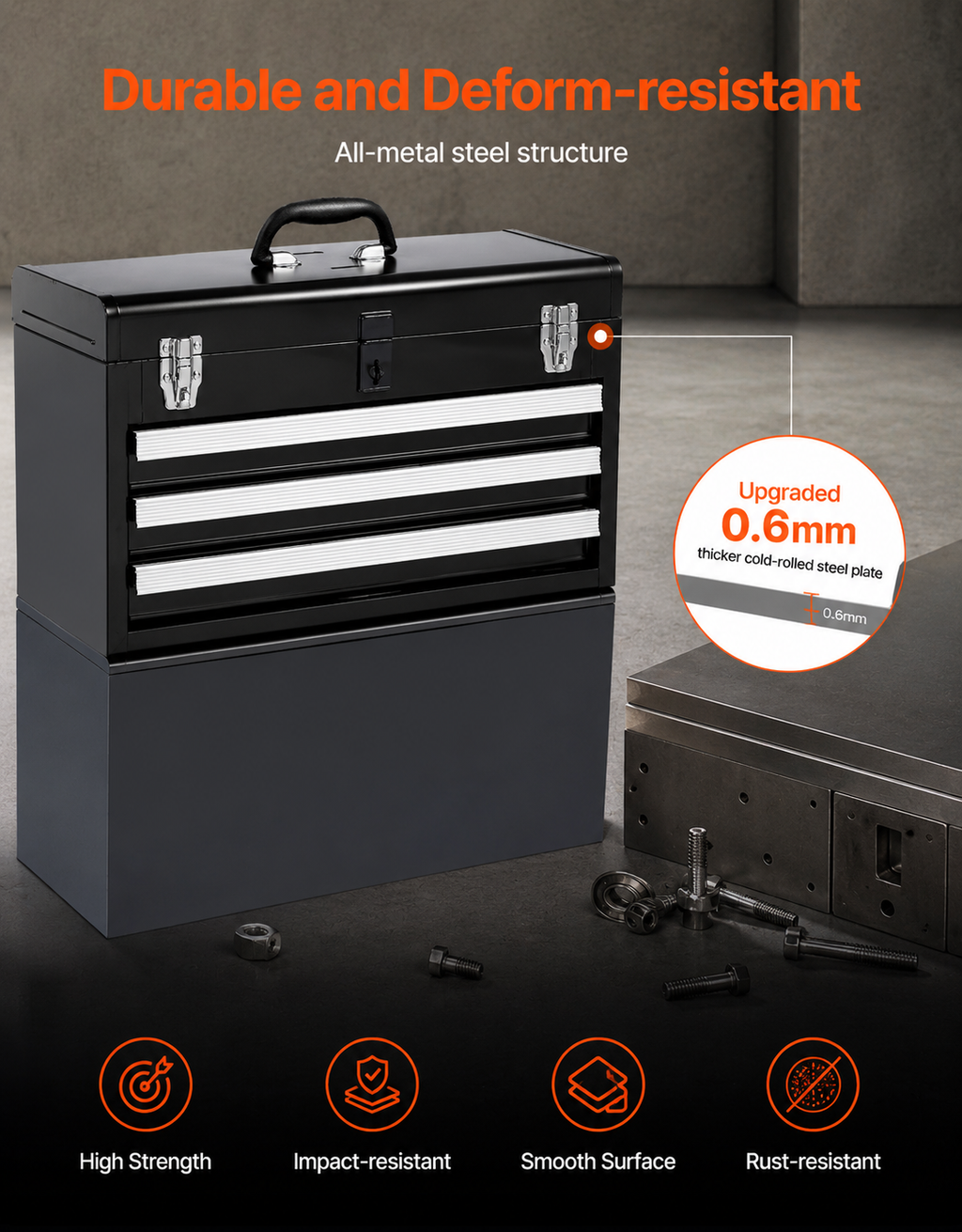 Tool Box 520 mm Portable Metal Tool Box with 3 Drawers Tool Organizer