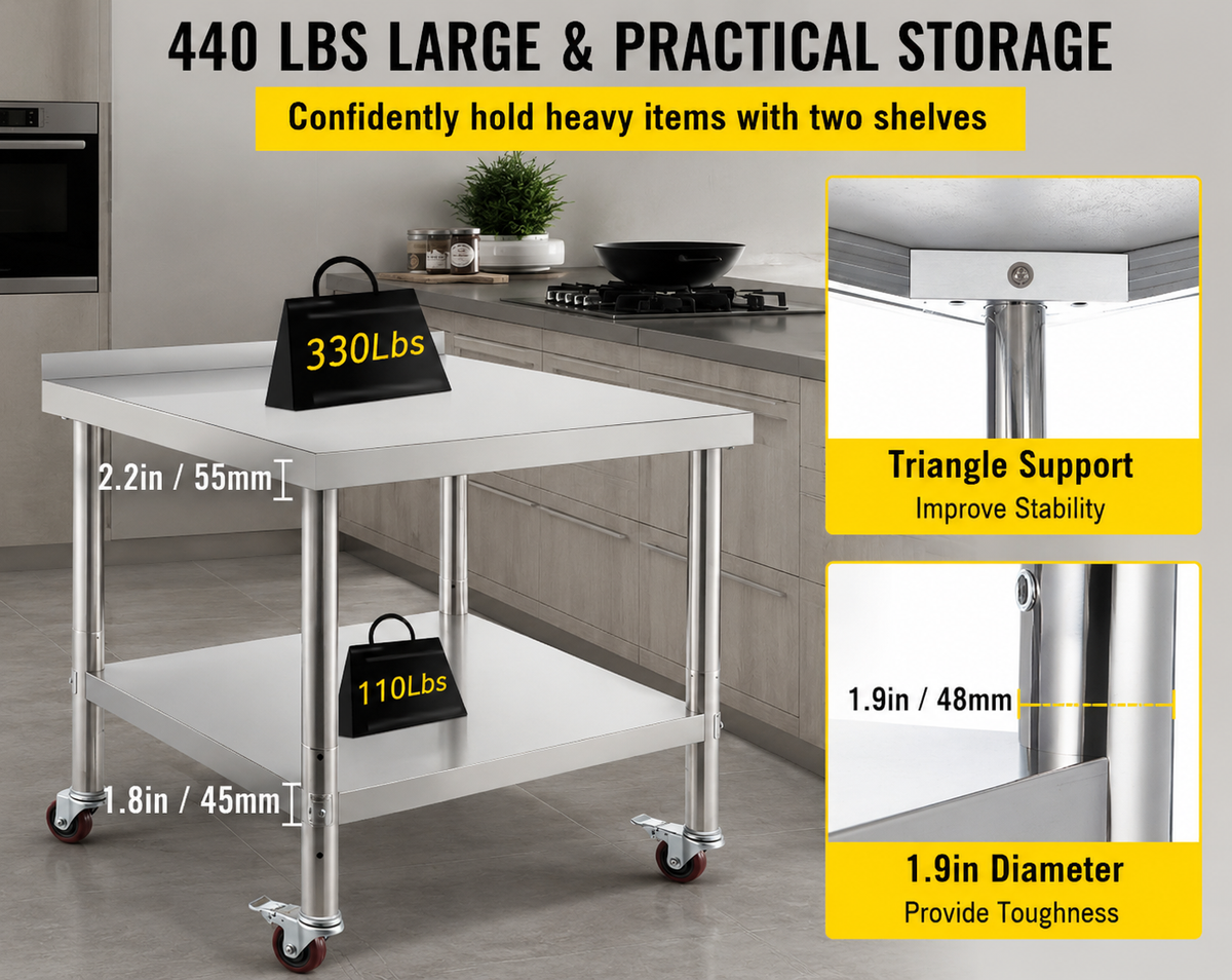 Stainless Steel Prep Table, 30 x 24 x 35 Inch, 440lbs Load Capacity Heavy