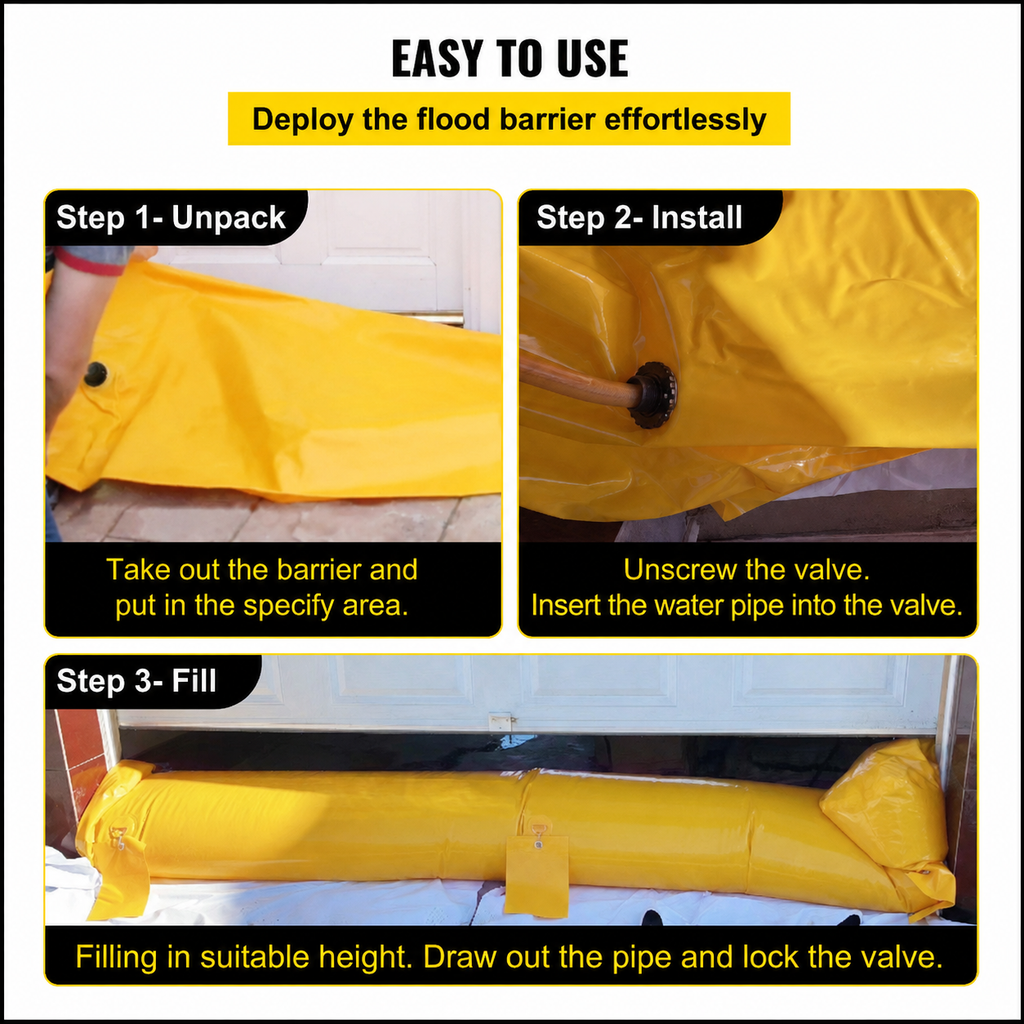 Flood Barrier, 24 ft Length x 6 in Height Sandbag Alternative, Water Barrier