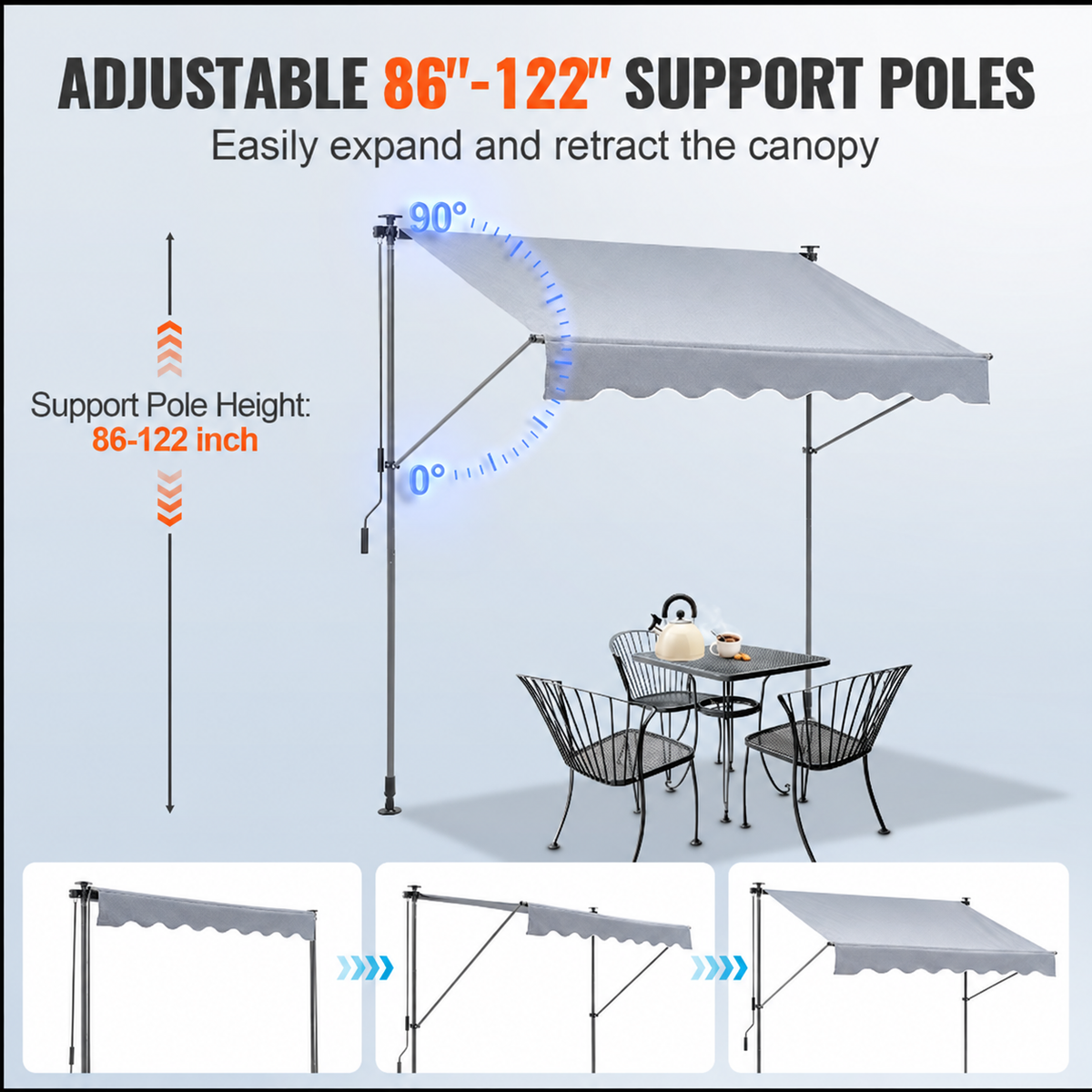 Manual Retractable Awning, 3m Outdoor Retractable Patio Awning Sunshade Shelter,