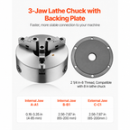 200 mm 3-Jaw Self-Centering Lathe Chuck 2 1/4 in-8 Threaded Backing Plate