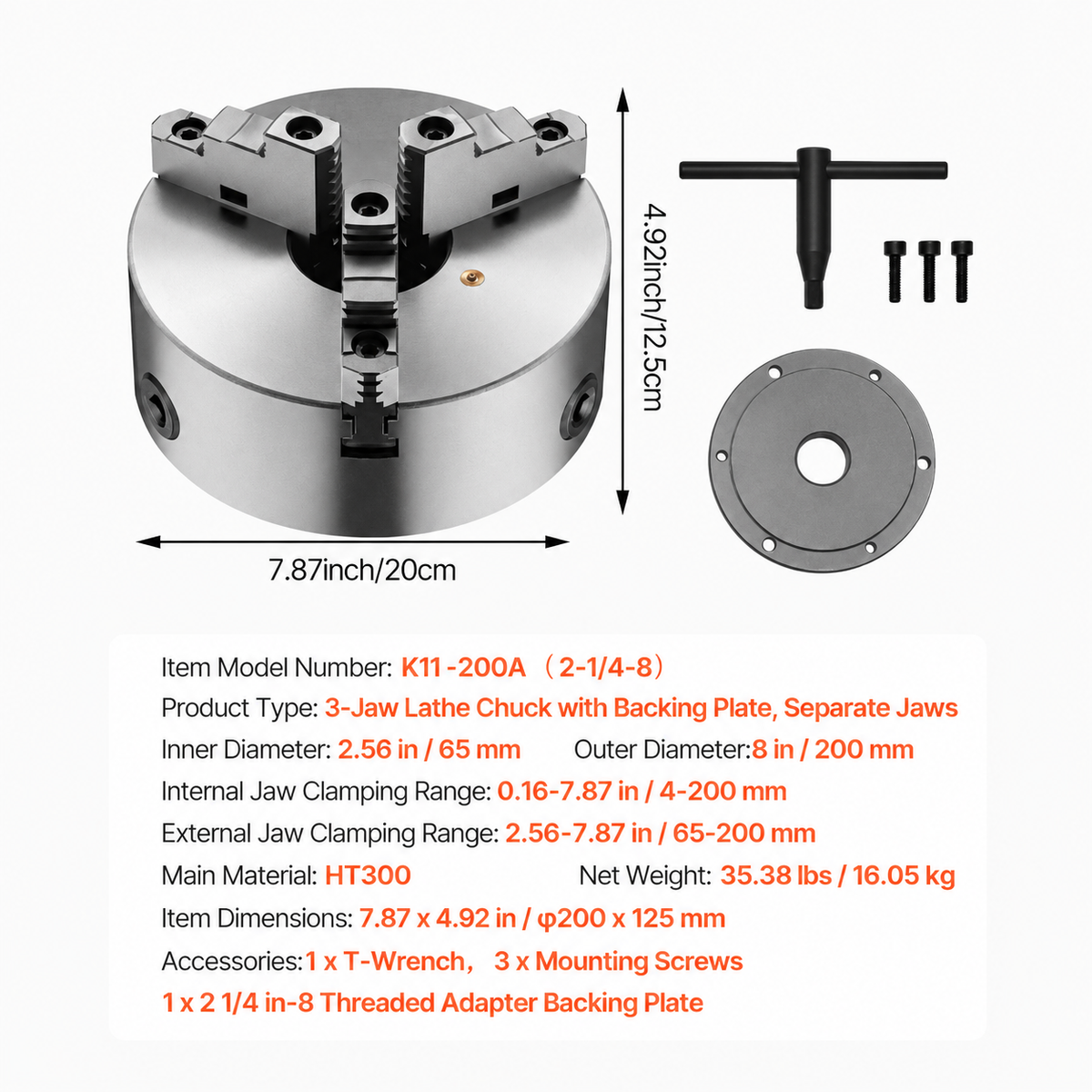 200 mm 3-Jaw Self-Centering Lathe Chuck 2 1/4 in-8 Threaded Backing Plate