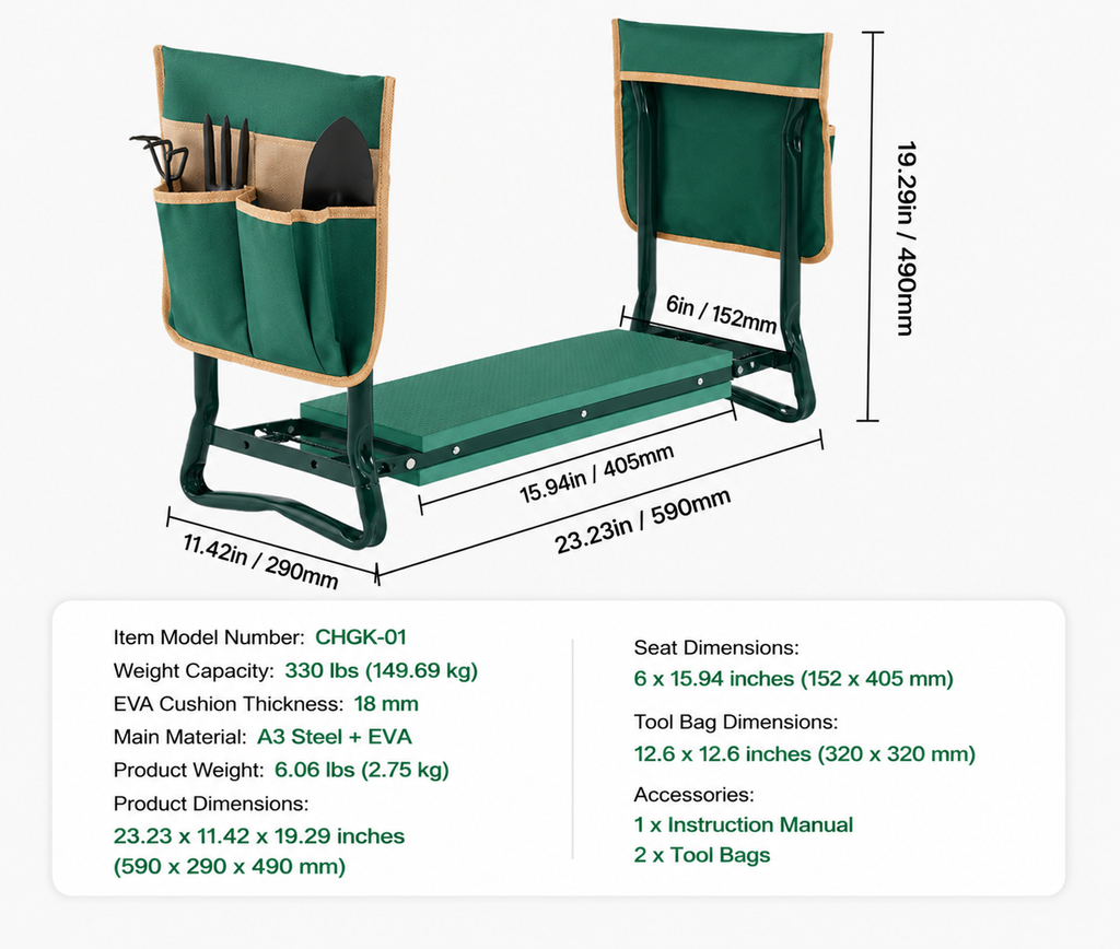 Garden Kneeler and Seat 6" Wide Pad 330lbs Capacity Folding Garden Stool