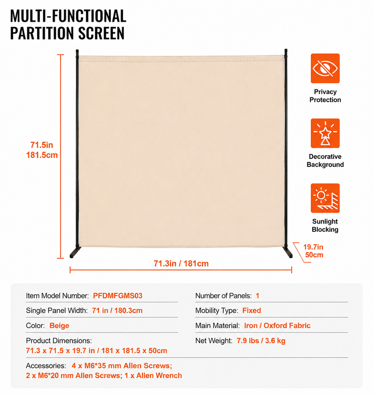 6FT Room Divider Single Panel Fabric Room Screen for Office Bedroom Beige
