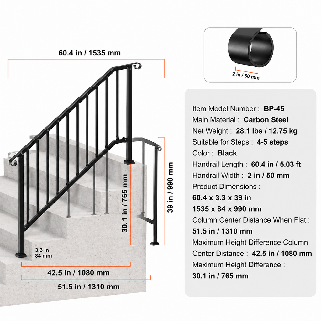5-6 Step Handrails for Outdoor for Seniors Porch Deck Black Retro Arch