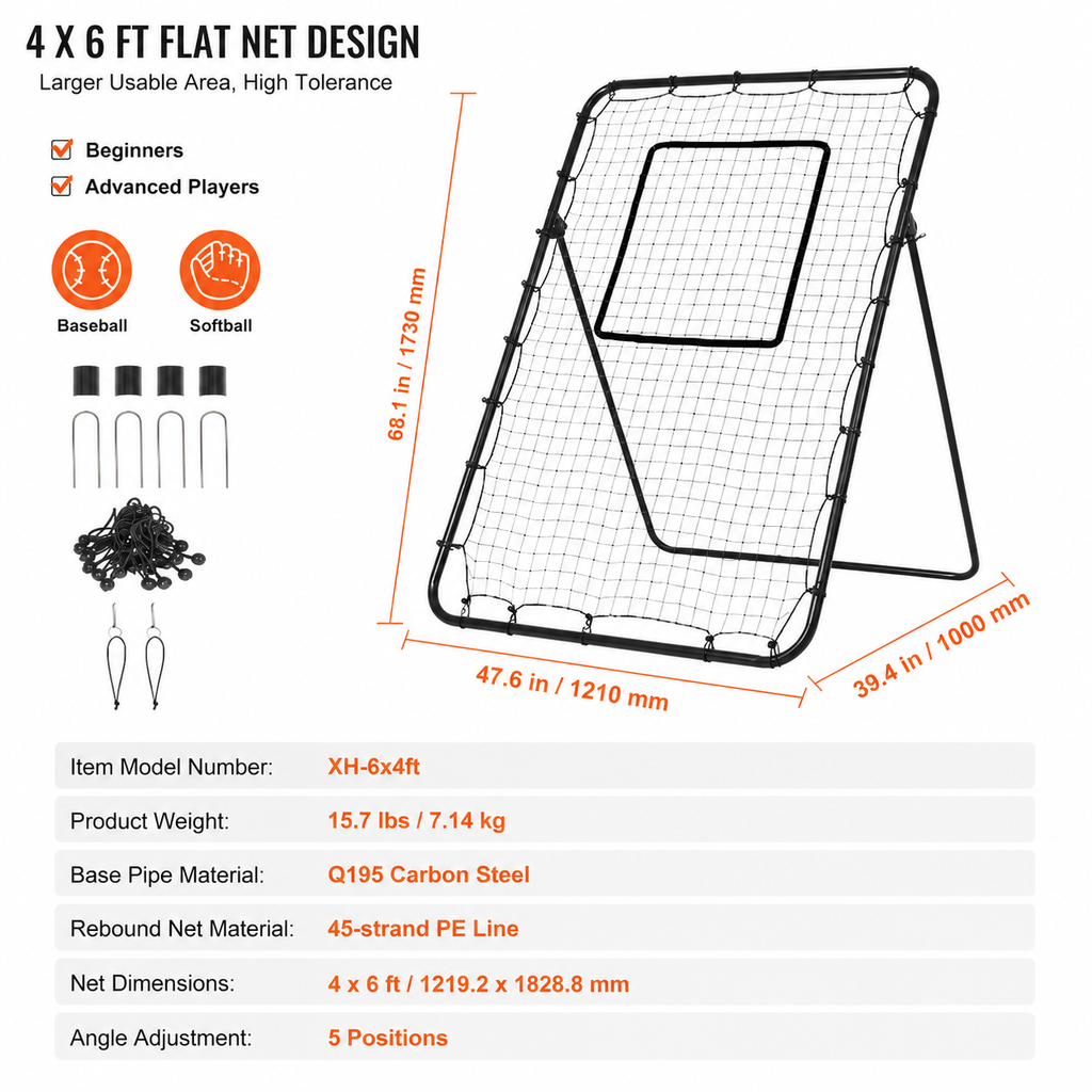 Baseball And Softball Rebounder Net 4x6 Ft PitchBack Adjustable Angles