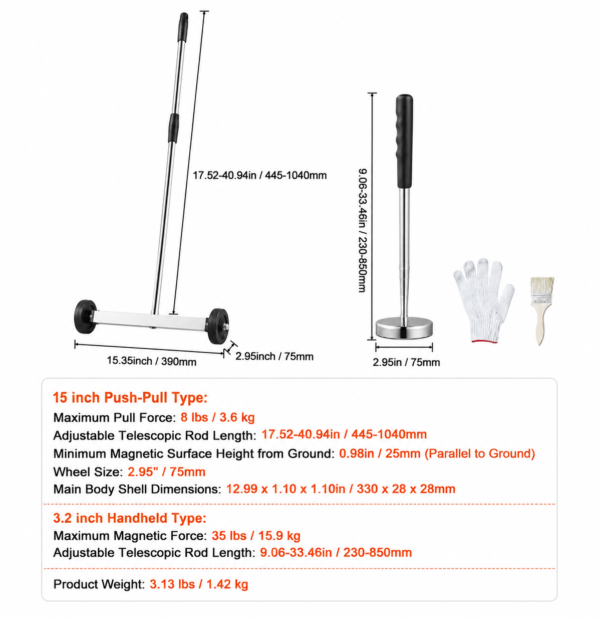 15-Inch Magnetic Sweeper with Wheels Telescoping Magnetic Pickup Tool