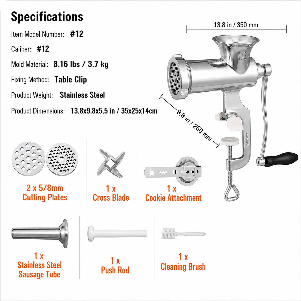 Manual Meat Grinder, 304 Stainless Steel Hand Meat Grinder with Steel Table