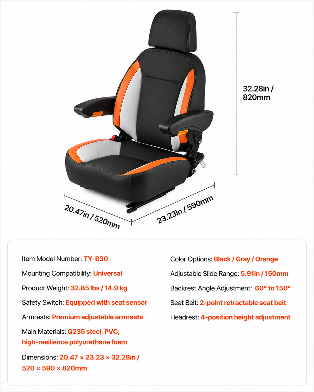 Forklift Seat Mower Tractor Seat Adjustable Back Seatbelt & Headrest