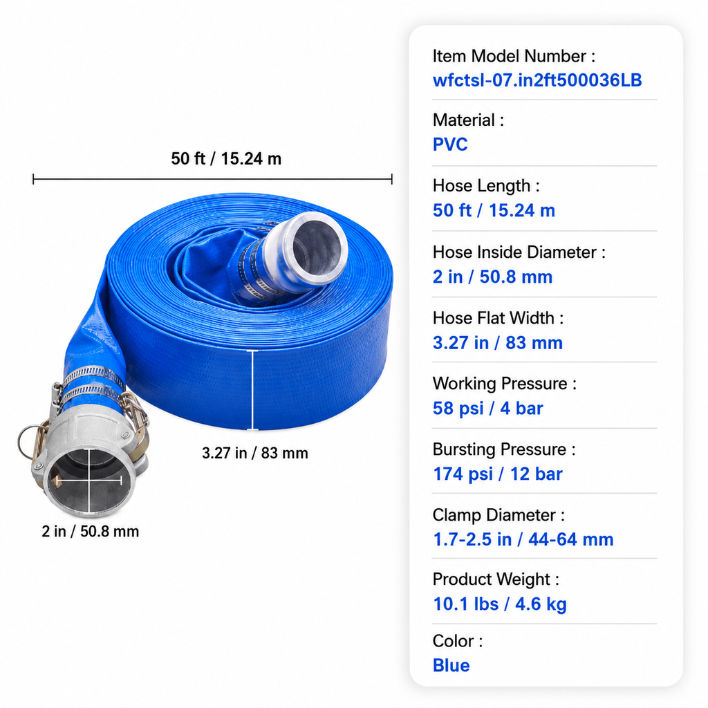 Backwash Hose, 2 in x 50 ft, Heavy-Duty PVC Flat Pool Discharge Hose with