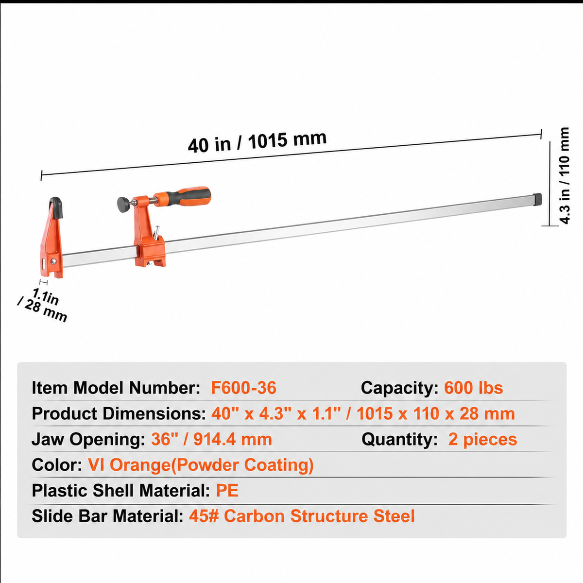 Bar Clamps for Woodworking, 2-Pack 36" Clamp/Spreader, Quick-Change F Clamp