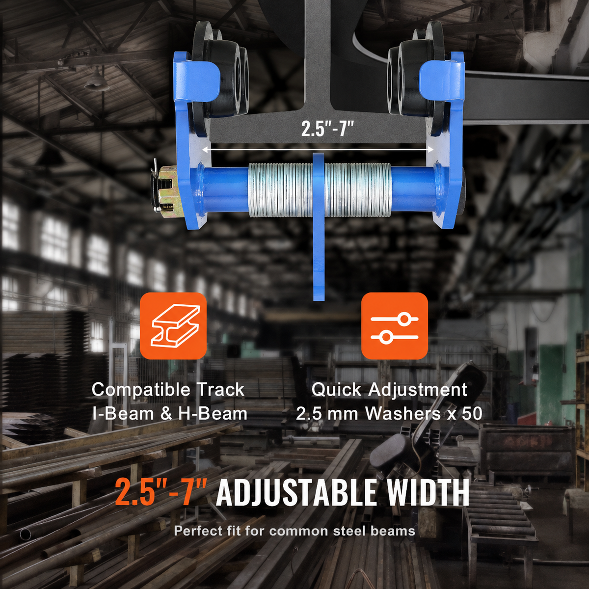 Manual Trolley, 2 Ton Load Capacity, Push Beam Trolley with Dual Wheels, Adjustable