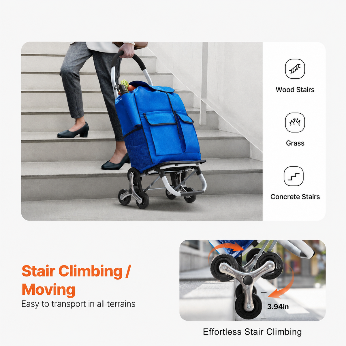 Stair Climbing Cart Foldable Shopping Cart 36L with 6 Wheels Storage Bag
