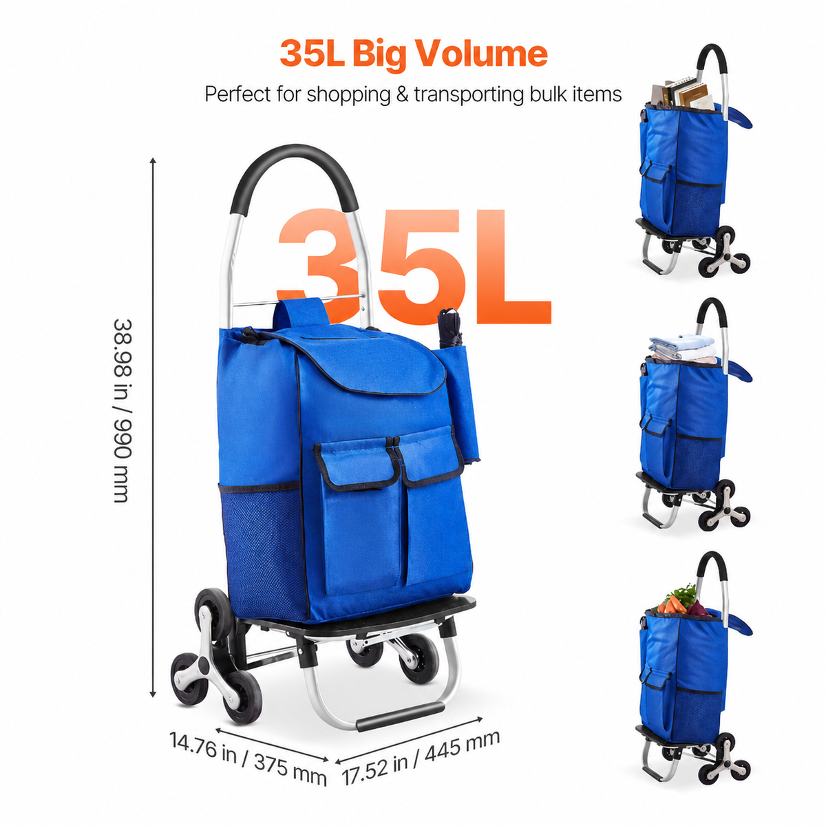 Stair Climbing Cart Foldable Shopping Cart 36L with 6 Wheels Storage Bag