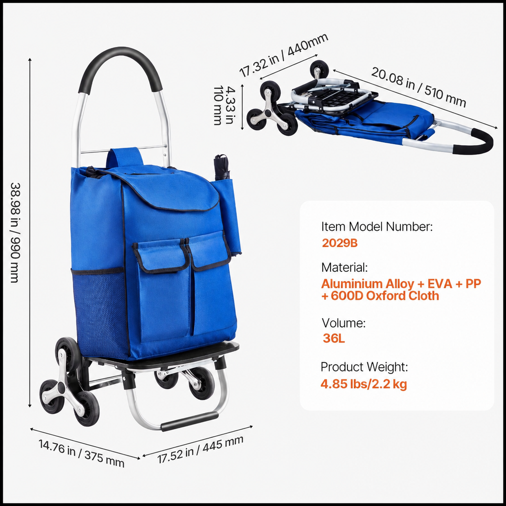 Stair Climbing Cart Foldable Shopping Cart 36L with 6 Wheels Storage Bag