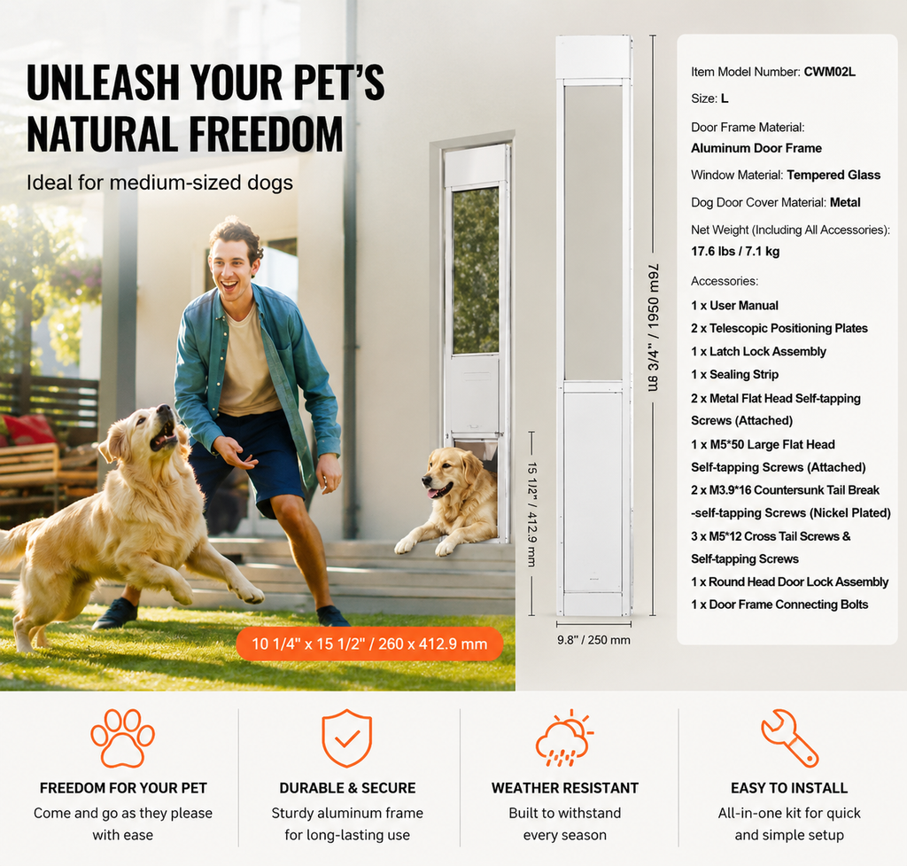 Dog Door for Sliding Glass Door 75 7/8"-80 11/16" Adjustable Height L