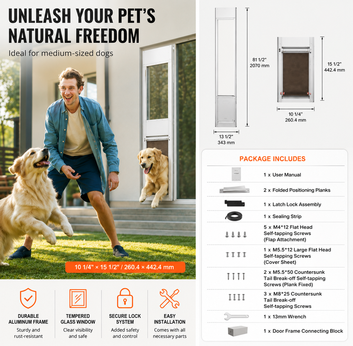 Dog Door for Sliding Glass Door 75 7/8"-80 11/16" Adjustable Height L