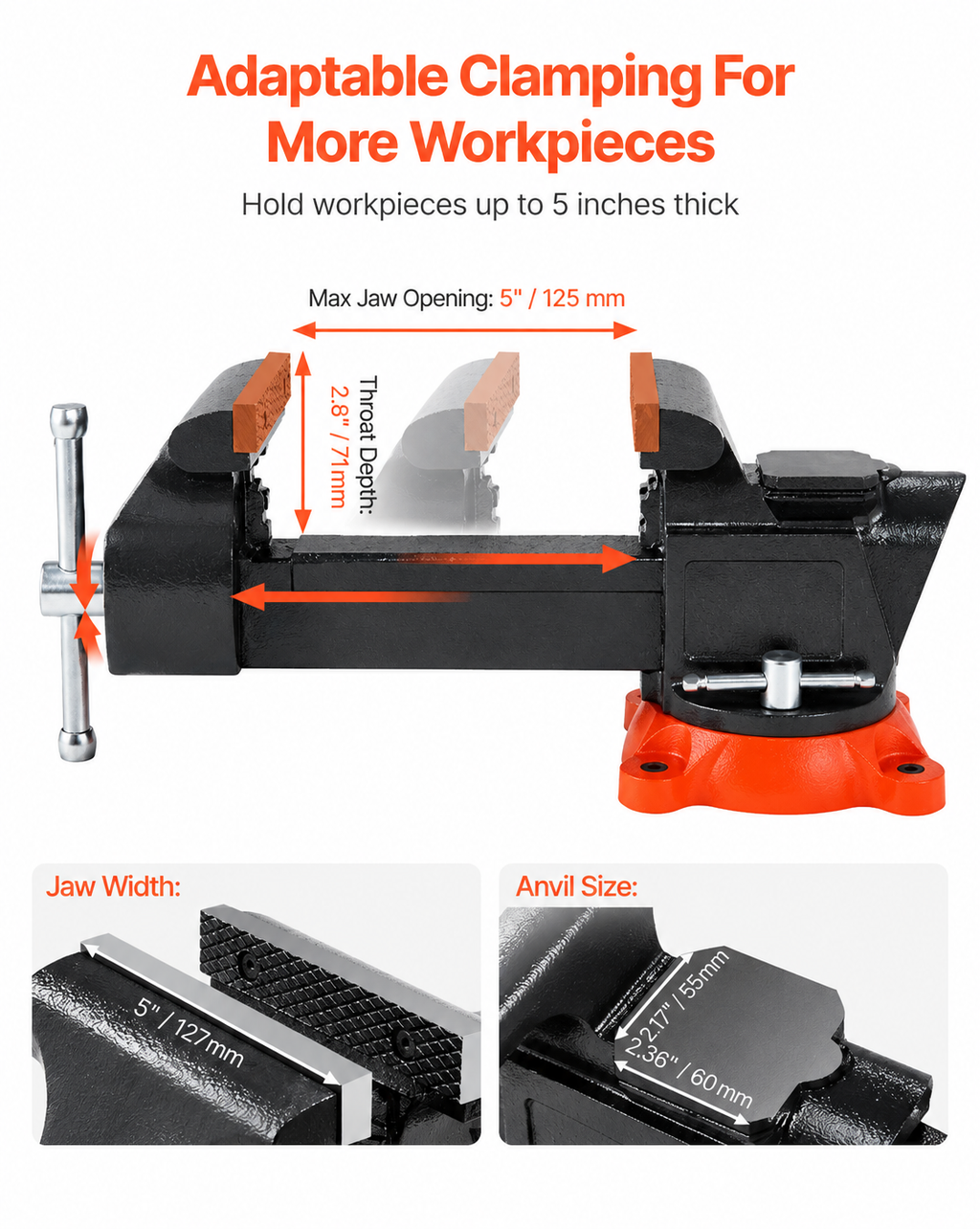 127 mm Bench Vise Multipurpose Heavy Duty Ductile Iron Swivel Locking Base