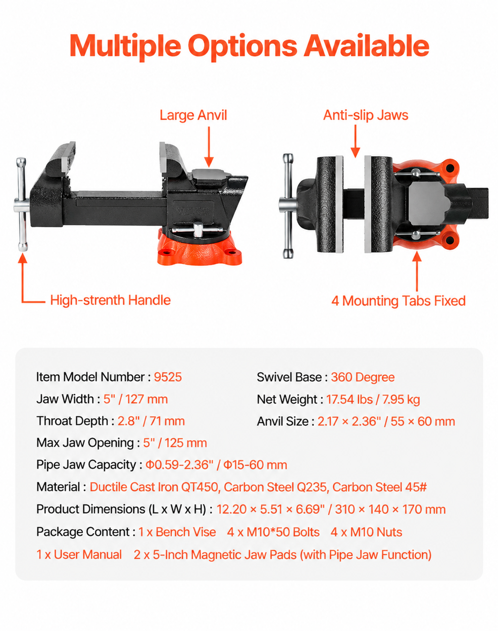 127 mm Bench Vise Multipurpose Heavy Duty Ductile Iron Swivel Locking Base