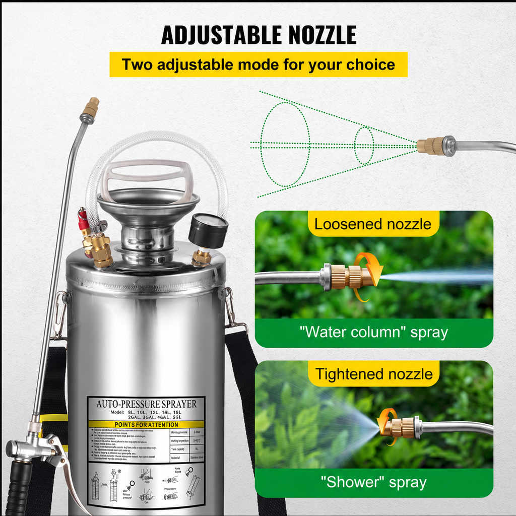 2Gal Stainless Steel Sprayer, Set with 20\" Wand& Handle& 3FT Reinforced Hose,