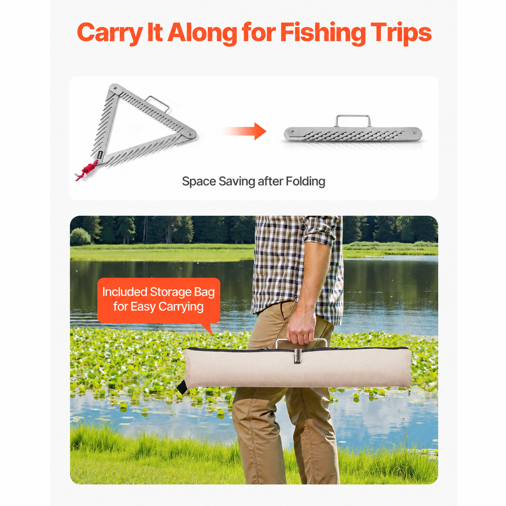 24in Aquatic Weed Rake 3-Sided Foldable Lake Weed Rake Handle 30ft Rope