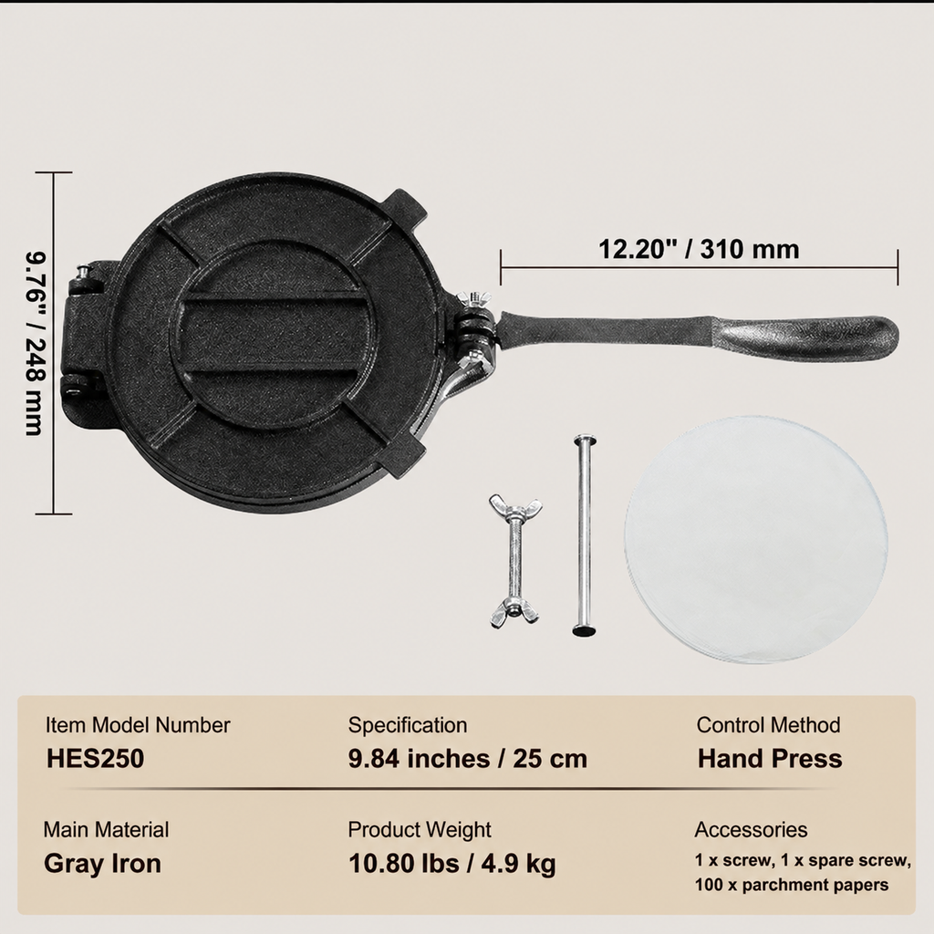 Tortilla Press, 10 Inch Tortilla and Roti Maker, Cast Iron Heavy Duty Tortilladora