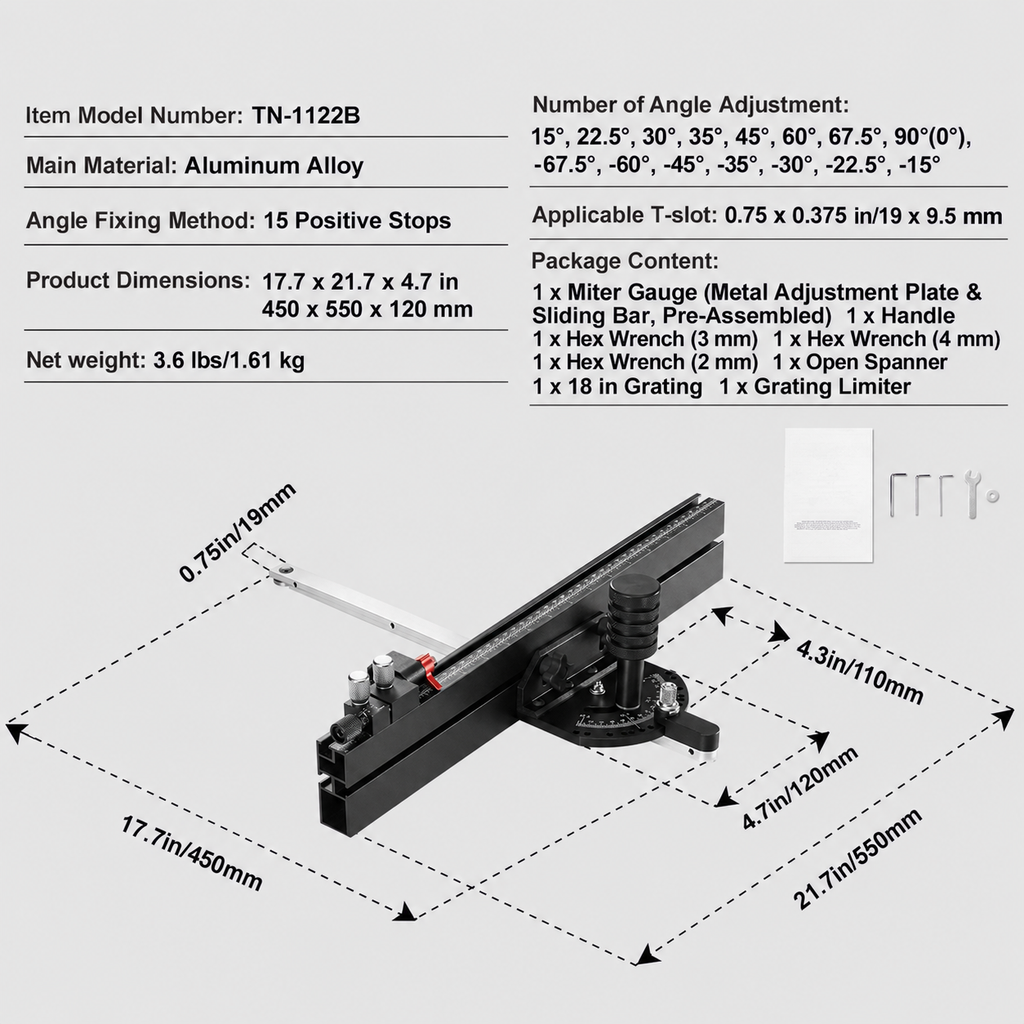 Precision Miter Gauge, Standard Slot 3/4'' x 3/8'', Aluminum Alloy Table Saw