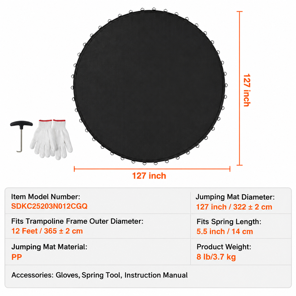 Replacement Trampoline Mat Fits 12ft Frame 72 V-Rings 5.5" Spring Length
