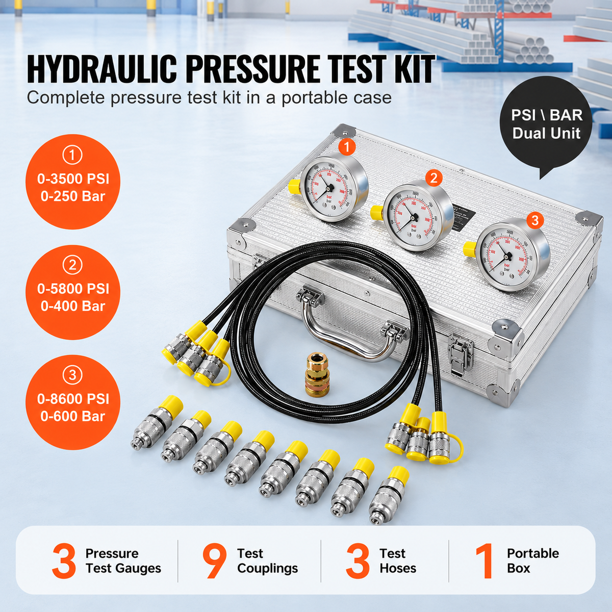 Hydraulic Pressure Test Kit, 250/400/600bar, 3 Gauges 9 Test Couplings 3 Test