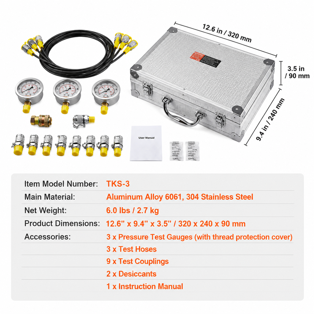 Hydraulic Pressure Test Kit, 250/400/600bar, 3 Gauges 9 Test Couplings 3 Test