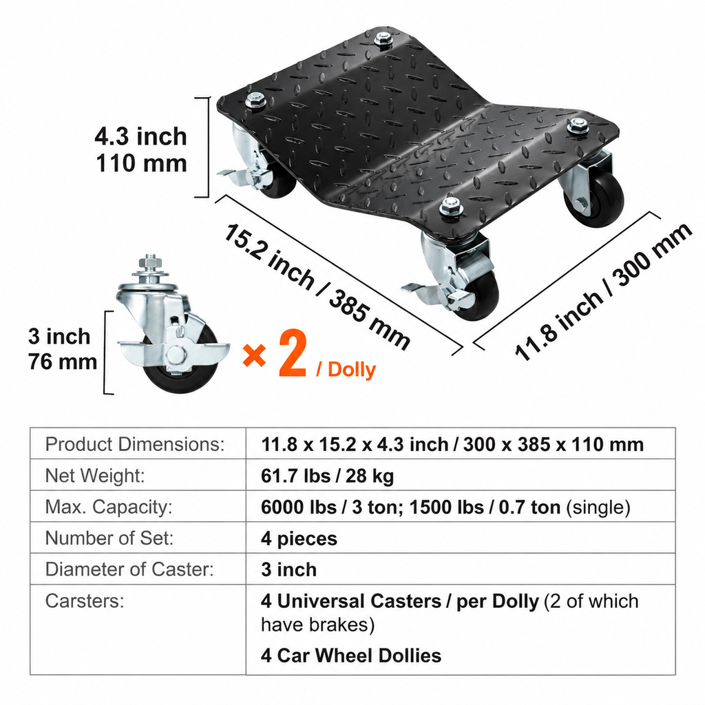 Car Dolly Wheel Tire Dolly 4 PCS Heavy Duty Skate Auto Repair Dolly 6000LB