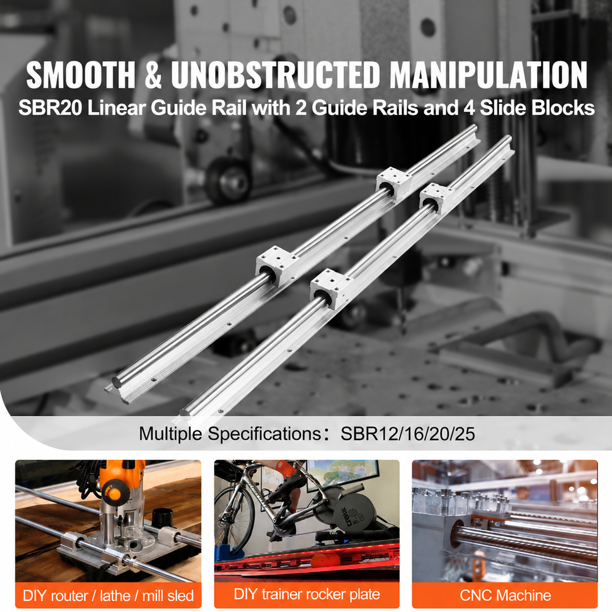 Linear Guide Rail Set, SBR20 2200mm, 2 PCS 86.6 in/2200 mm SBR20 Guide Rails