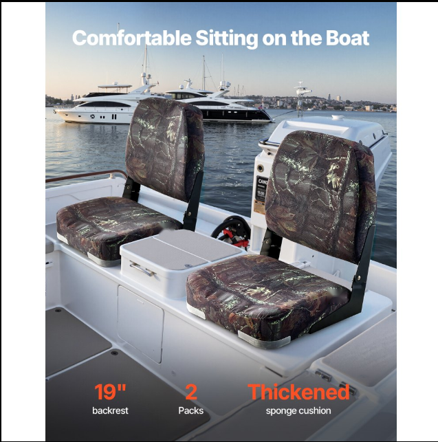 Boat Seat Low Backrest Flip Up Boat Seat Sponge Cushion Camouflage 2pcs