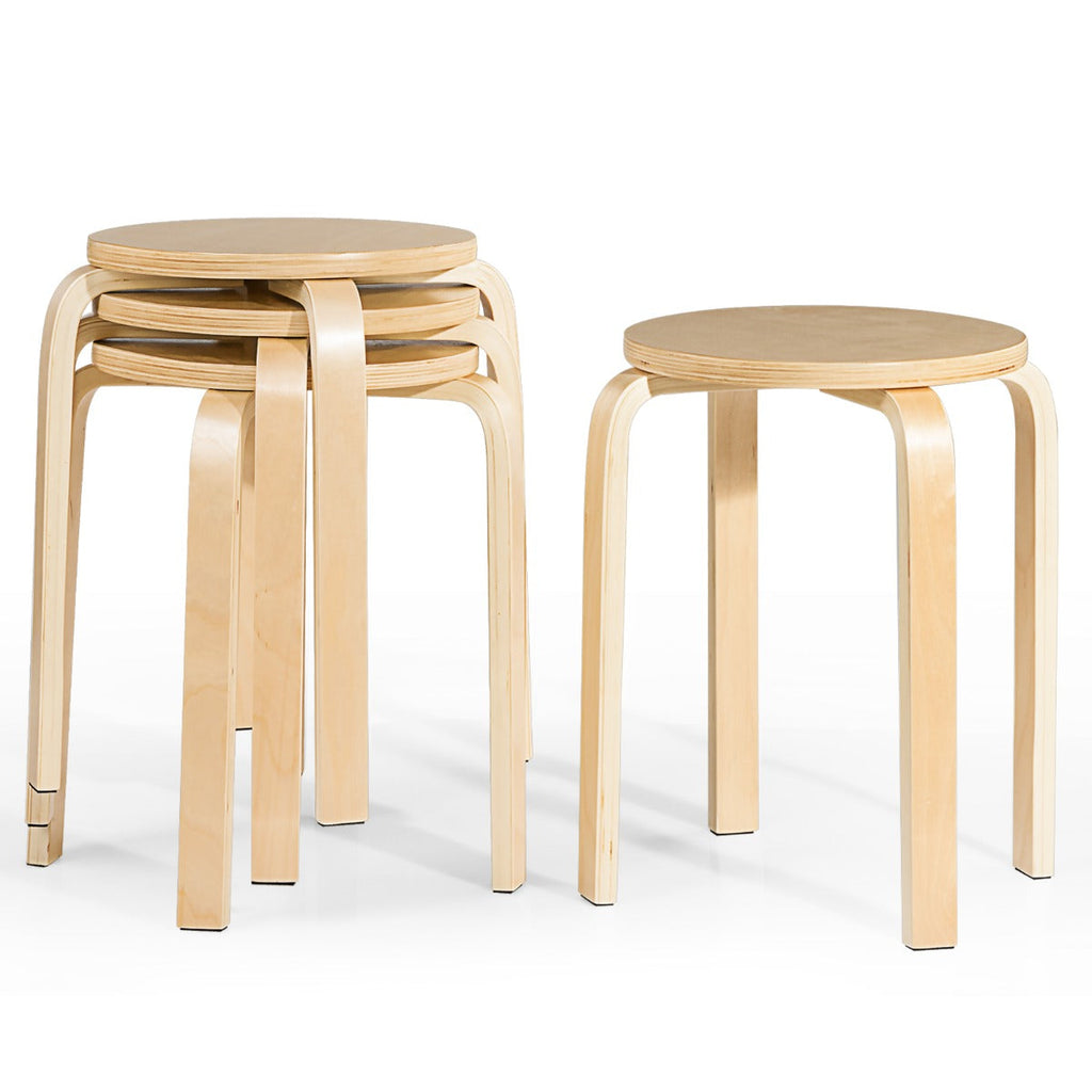 Set of 4 Stackable Wooden Stools for Living Room &amp; Dining Room-Natural