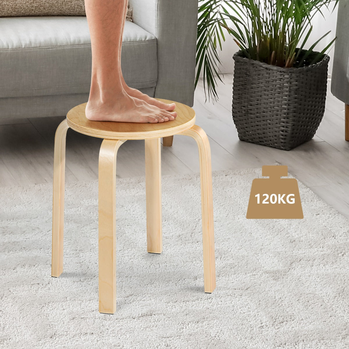 Set of 4 Stackable Wooden Stools for Living Room &amp; Dining Room-Natural
