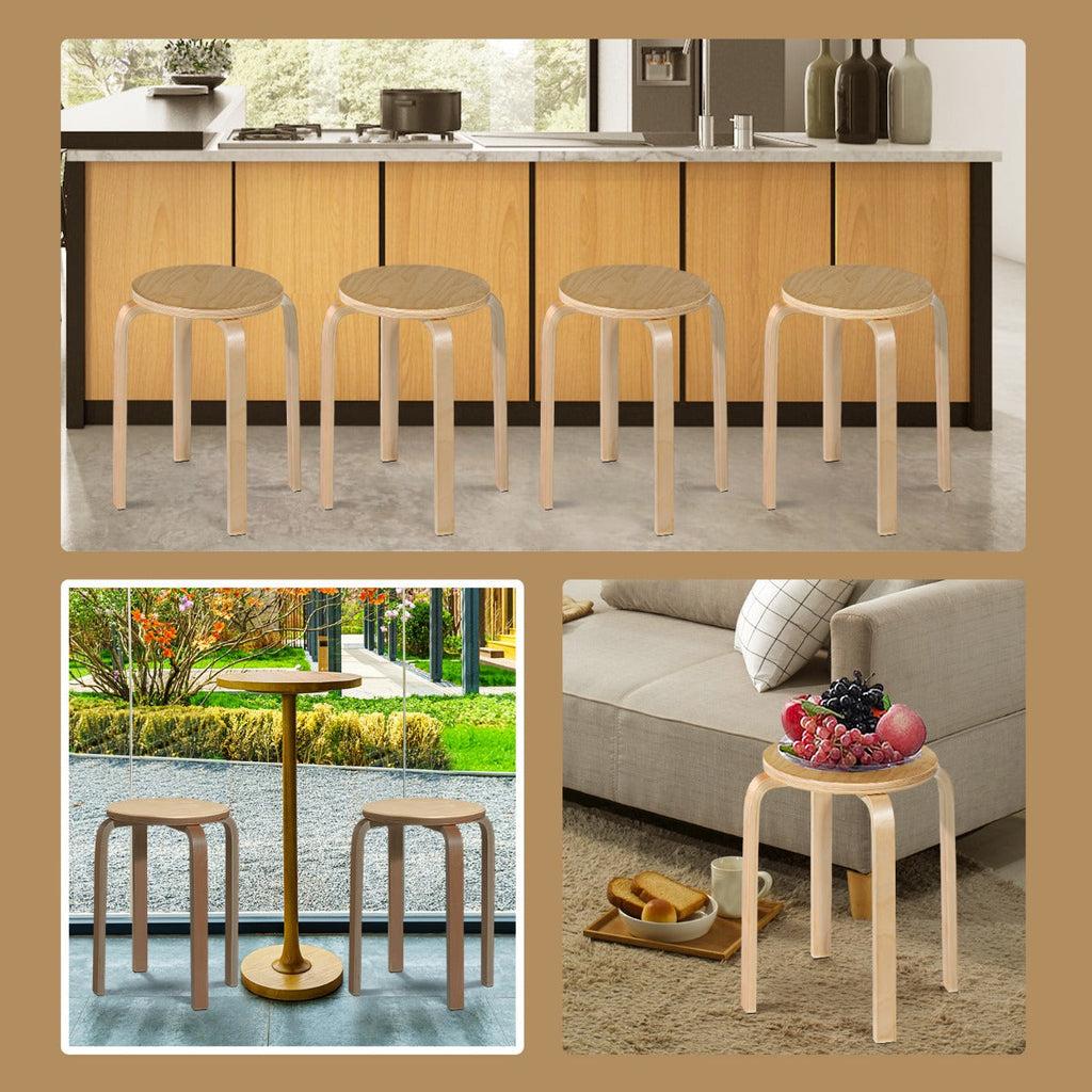 Set of 4 Stackable Wooden Stools for Living Room &amp; Dining Room-Natural