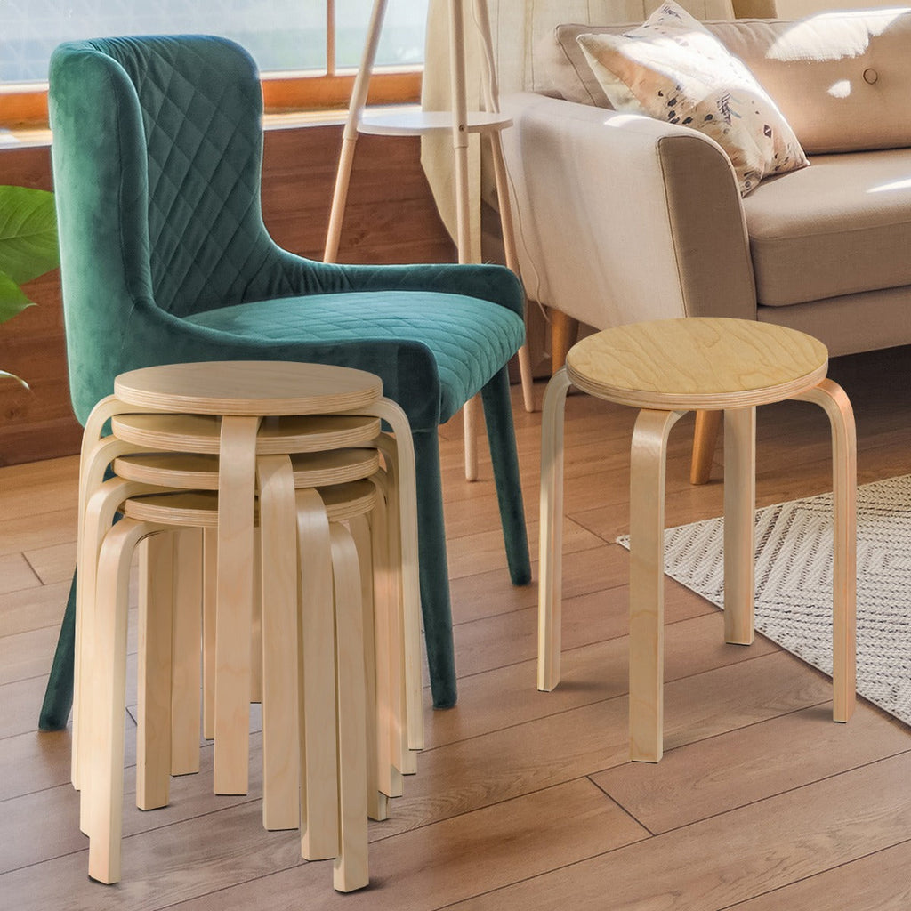 Set of 4 Stackable Wooden Stools for Living Room &amp; Dining Room-Natural