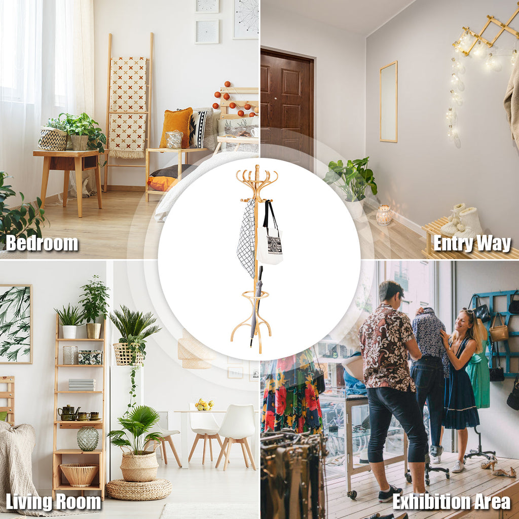 Practical Birch Coat Stand with 360°Rotating Top Tier for Hat &amp; Jacket Oak