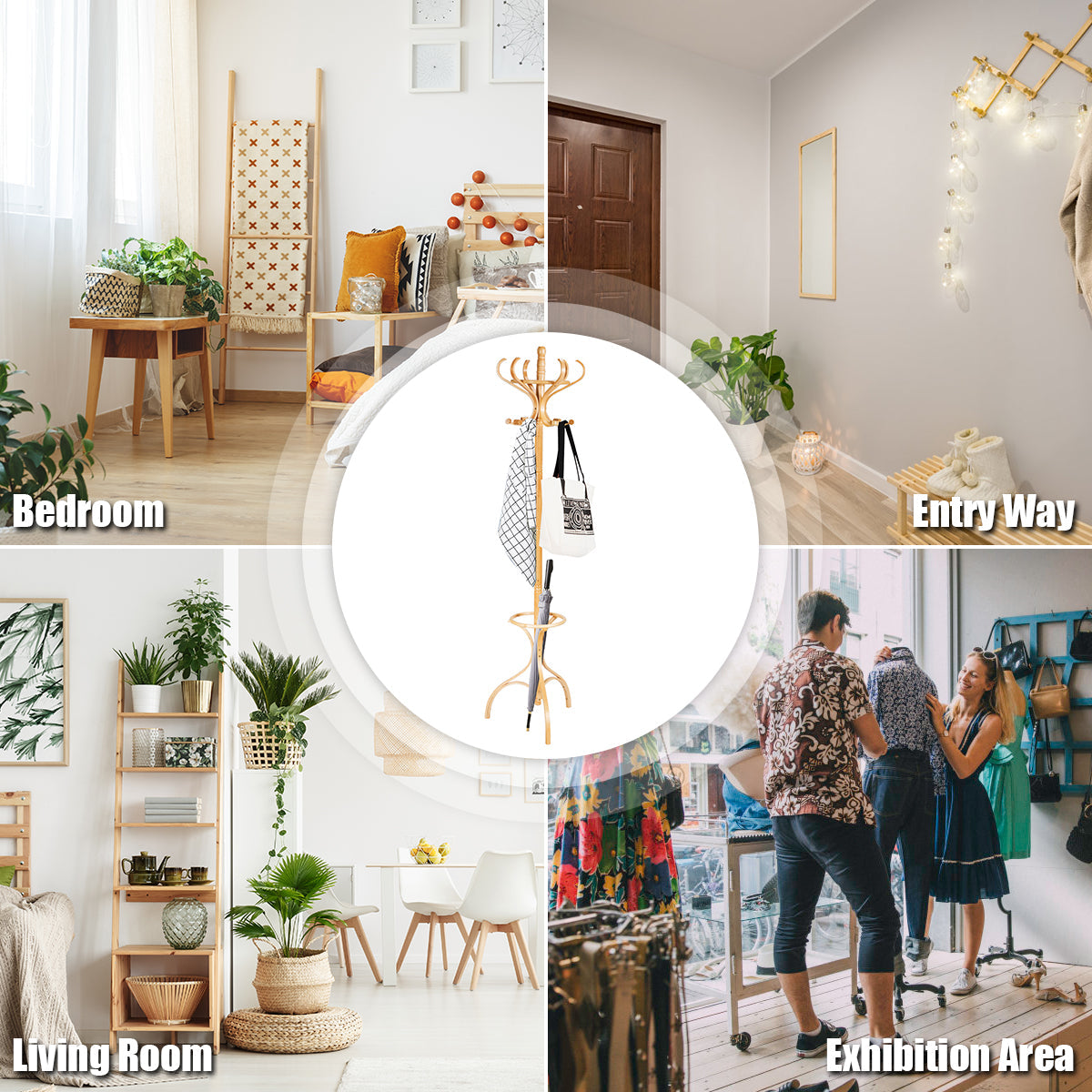 Practical Birch Coat Stand with 360°Rotating Top Tier for Hat &amp; Jacket Oak