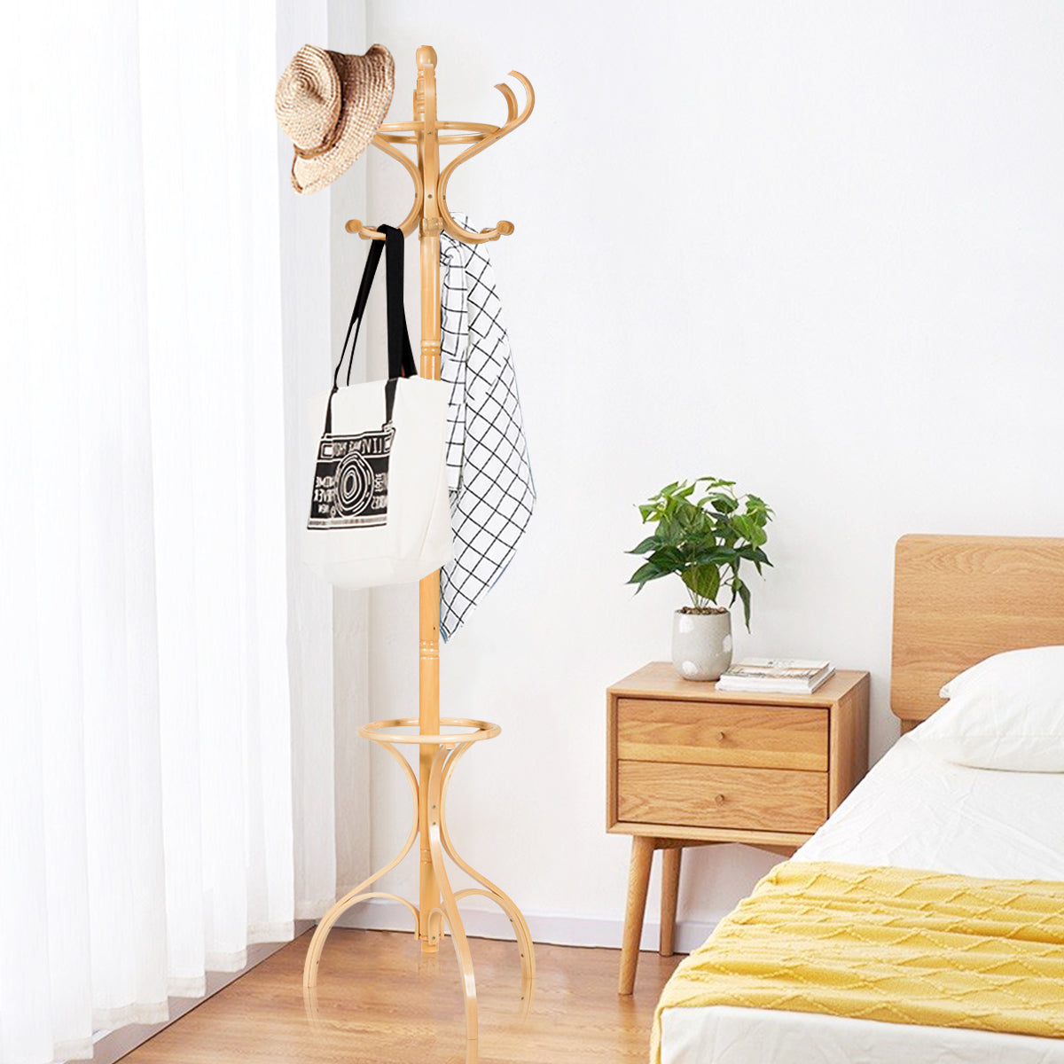 Practical Birch Coat Stand with 360°Rotating Top Tier for Hat &amp; Jacket Oak