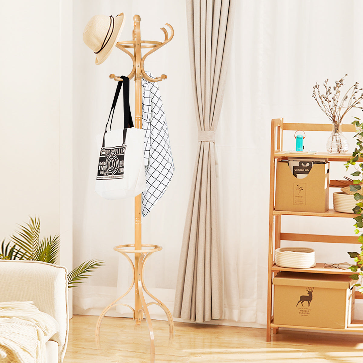 Practical Birch Coat Stand with 360°Rotating Top Tier for Hat &amp; Jacket Oak