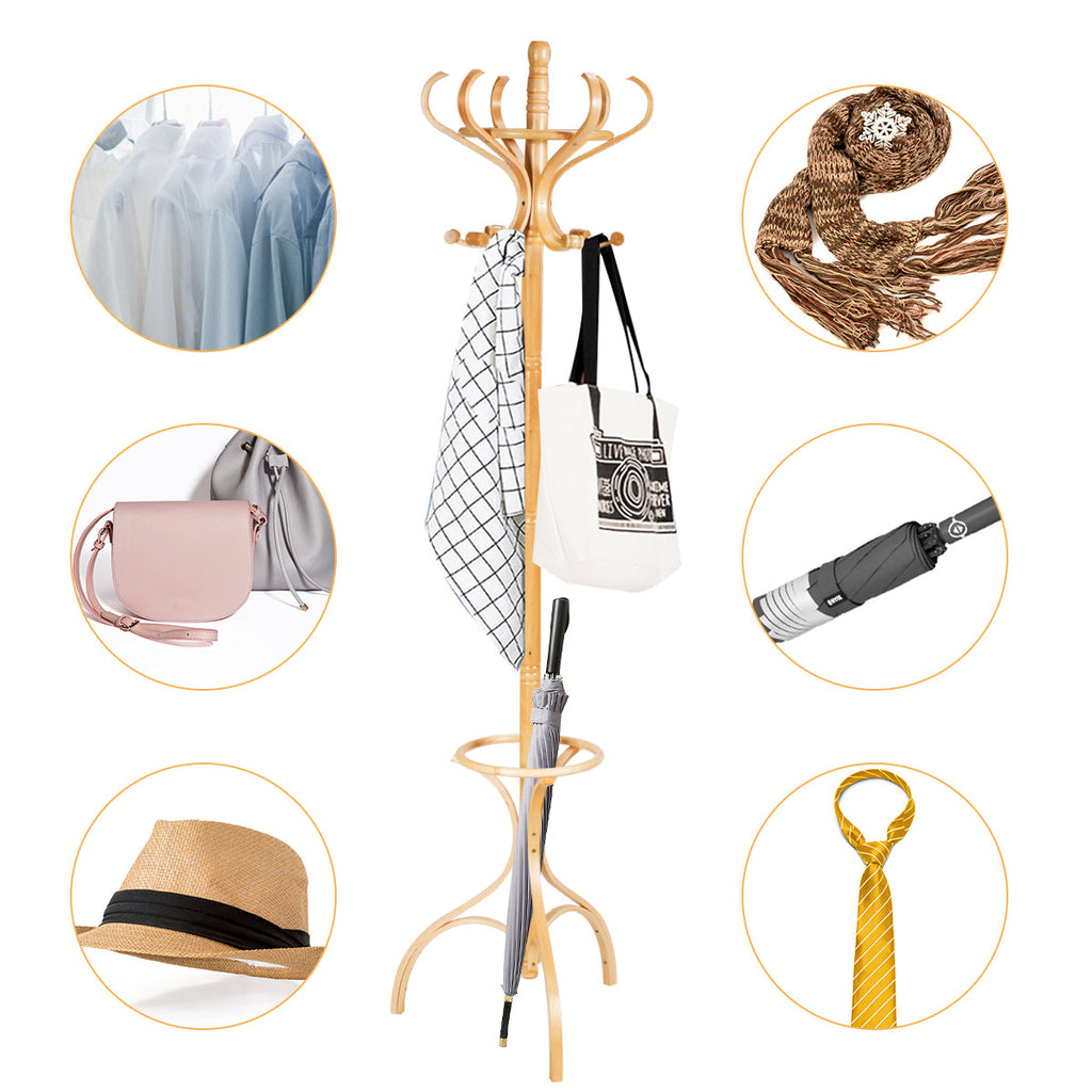 Practical Birch Coat Stand with 360°Rotating Top Tier for Hat &amp; Jacket Oak