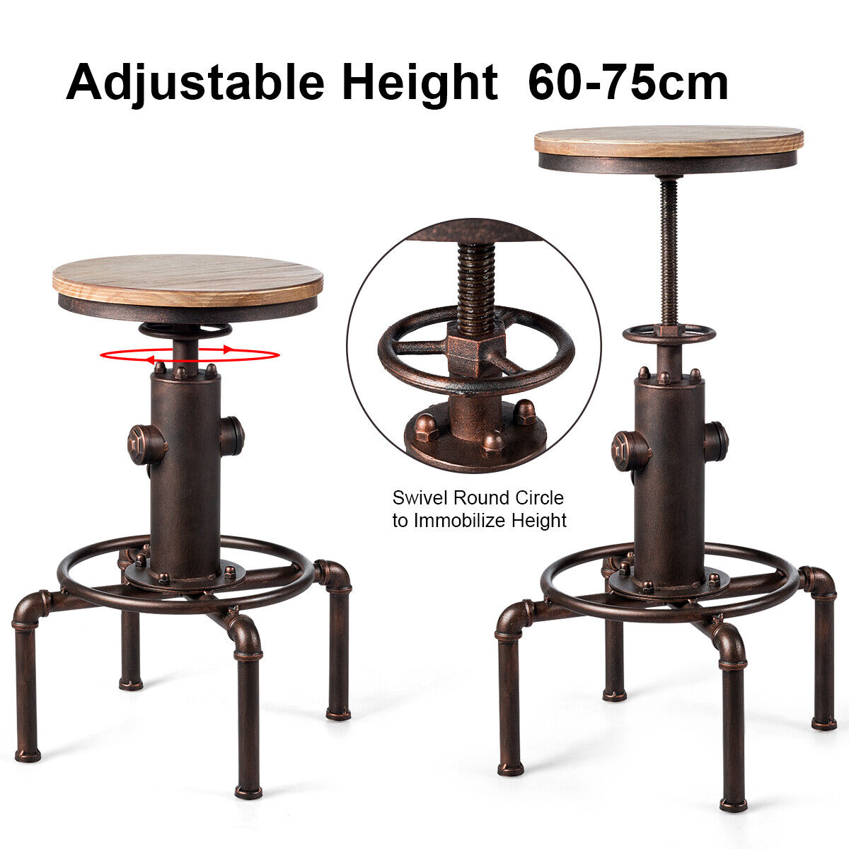 Industrial Bar Stool with Adjustable Height for Restaurant/ Cafe/ Pub