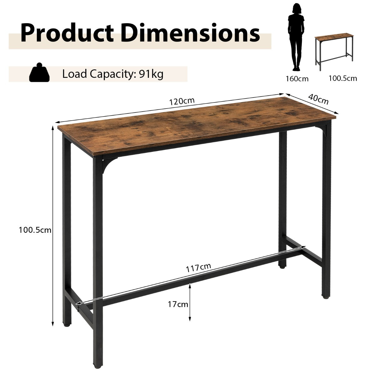120 x 40 cm Industrial High Bar Table for Kitchen & Cafe & Pub
