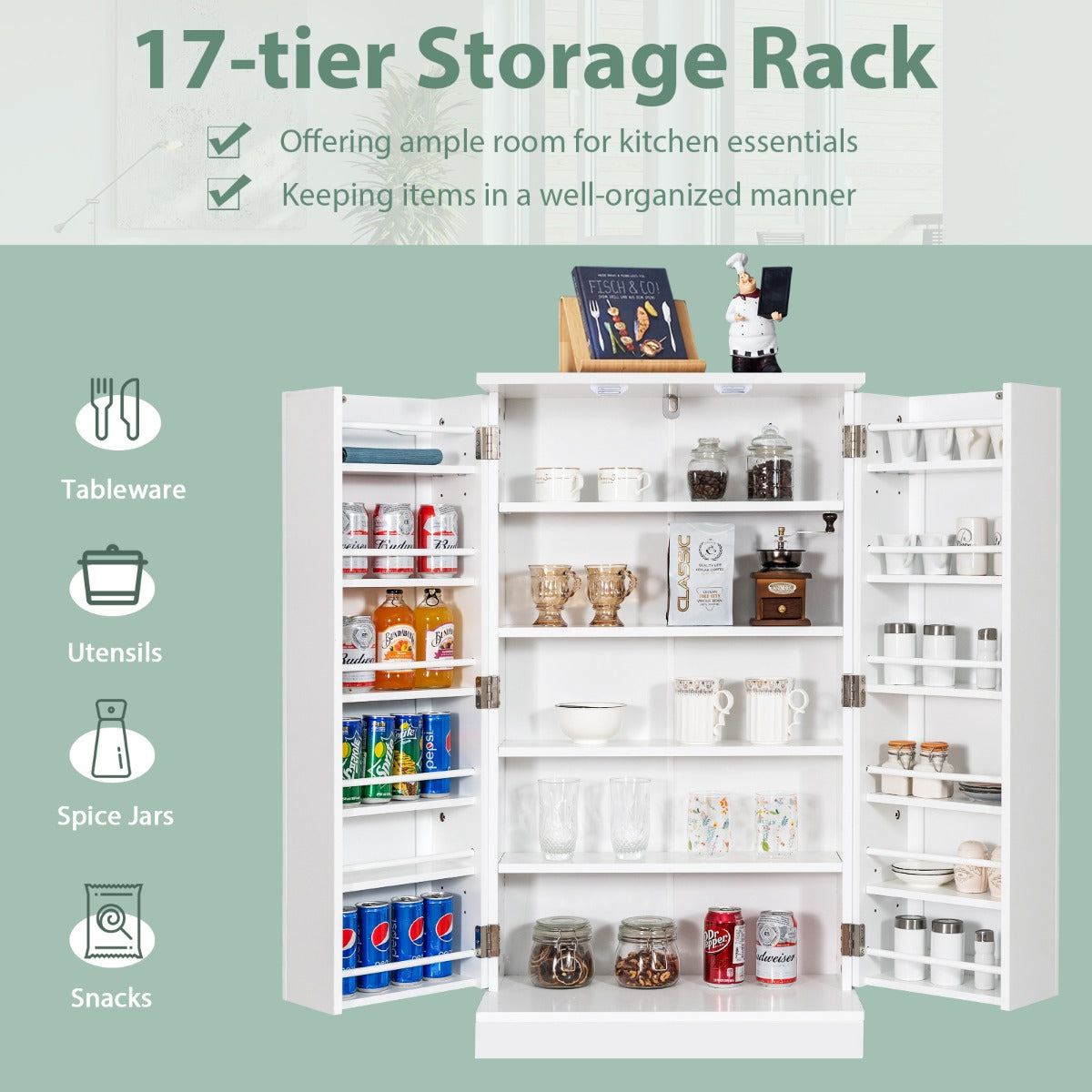 17-Tier Buffet Cupboard for Dining Room, Living Room & Entryway