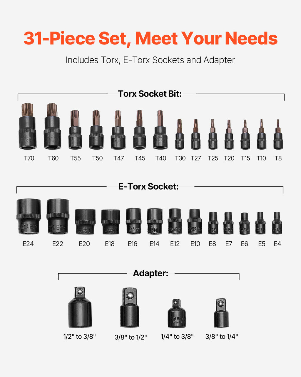 31-Piece Torx and External Socket Set with Storage Case - T8-T70, E4-E24