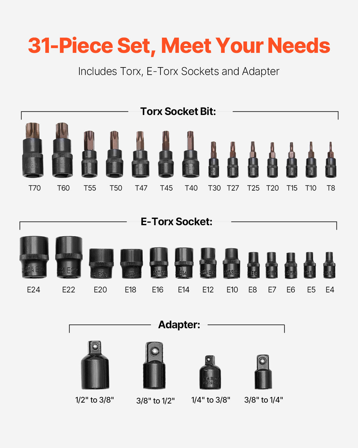 31-Piece Torx and External Socket Set with Storage Case - T8-T70, E4-E24
