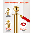 4-Piece Gold Stanchion Set with Red Velvet Ropes for Crowd Control