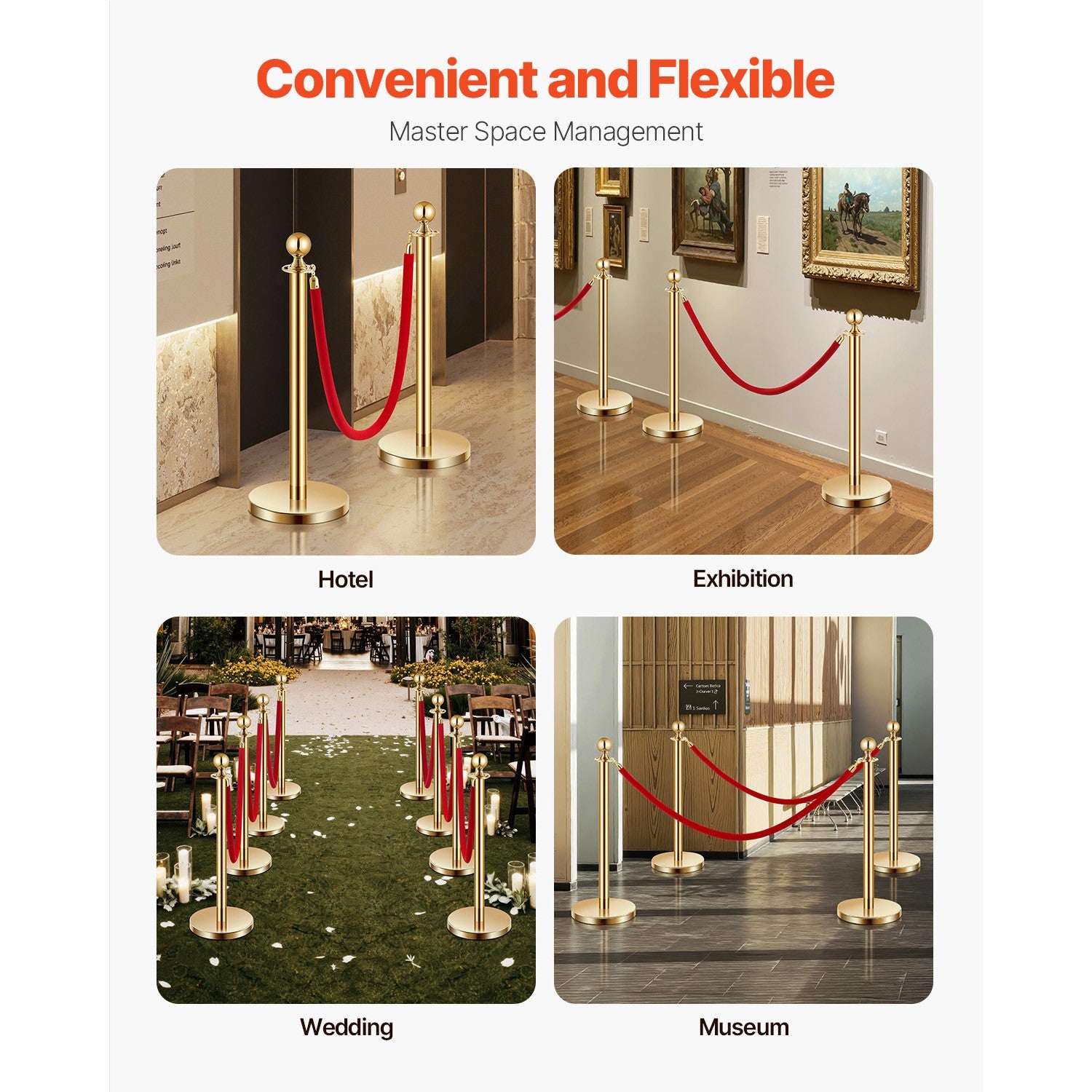 4-Piece Gold Stanchion Set with Red Velvet Ropes for Crowd Control